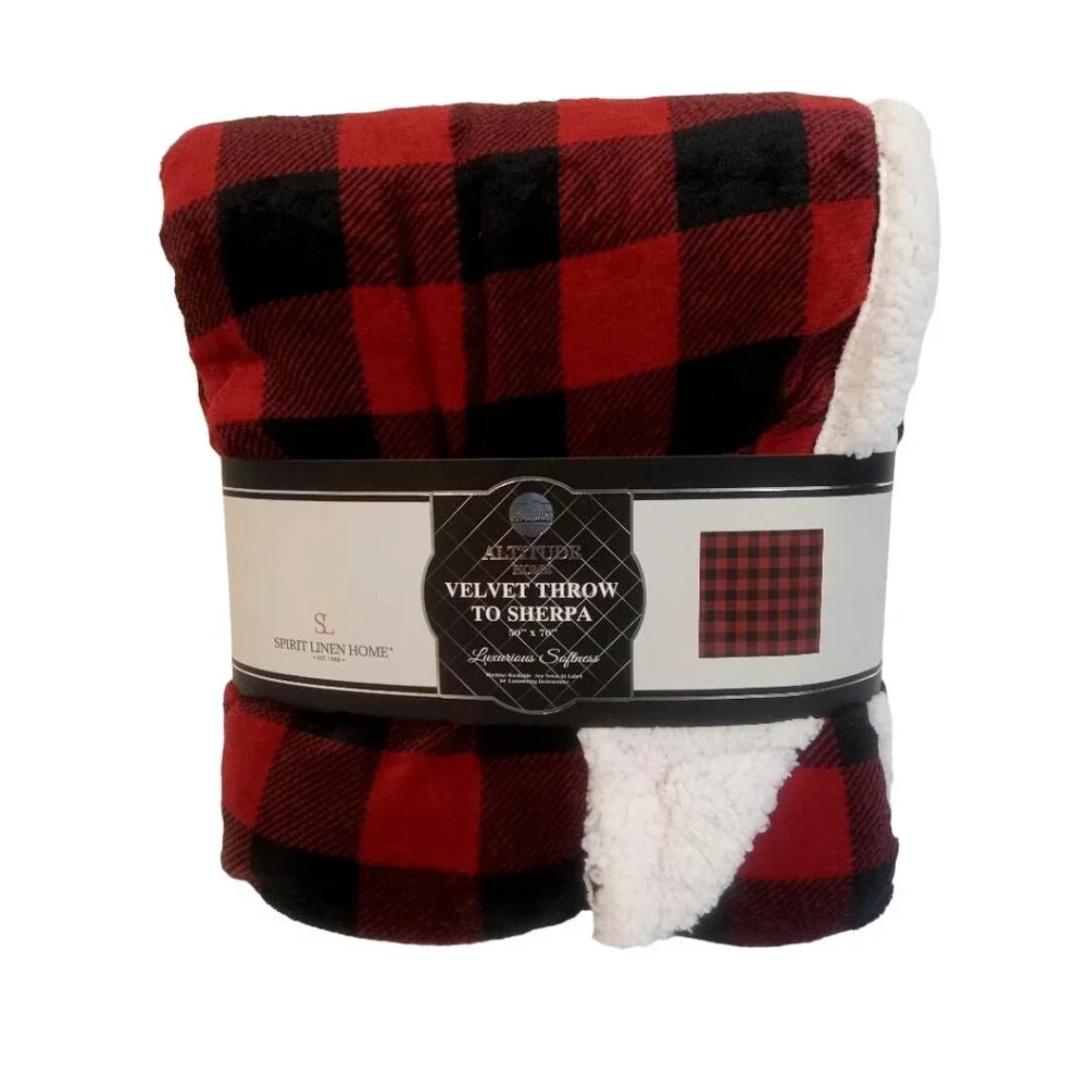 Altitude Home Velvet Throw To Sherpa 50 x 70 Red Black White Check Print Soft